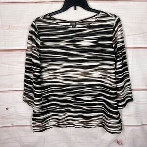 Chicos Top Women 3‎ XL Brown Travelers Striped Blouse Mesh Sheer 3/4 Sleeve Knit